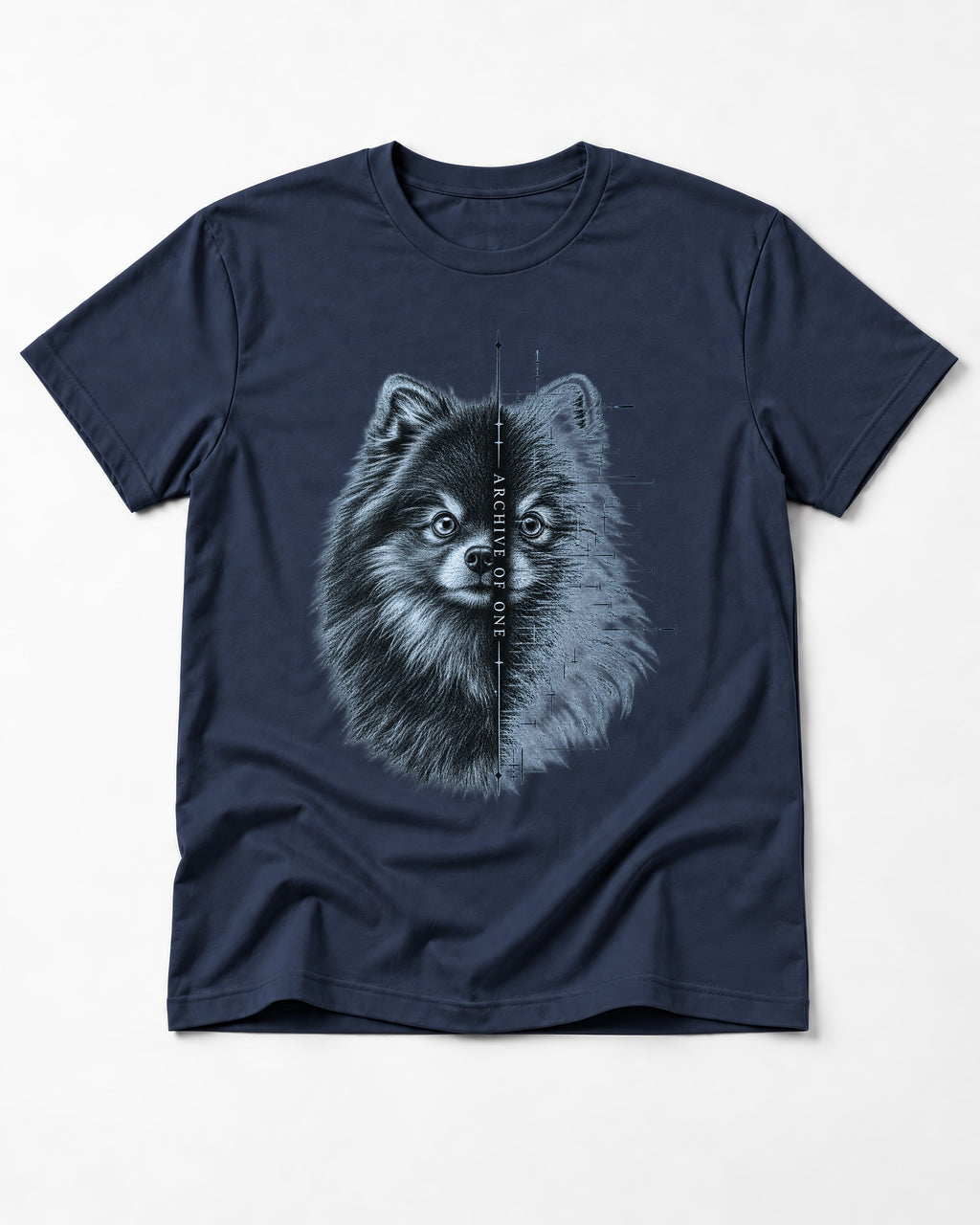 Pomeranian Archive of One Split Portrait Graphic T-Shirt in Navy, flat lay product photo