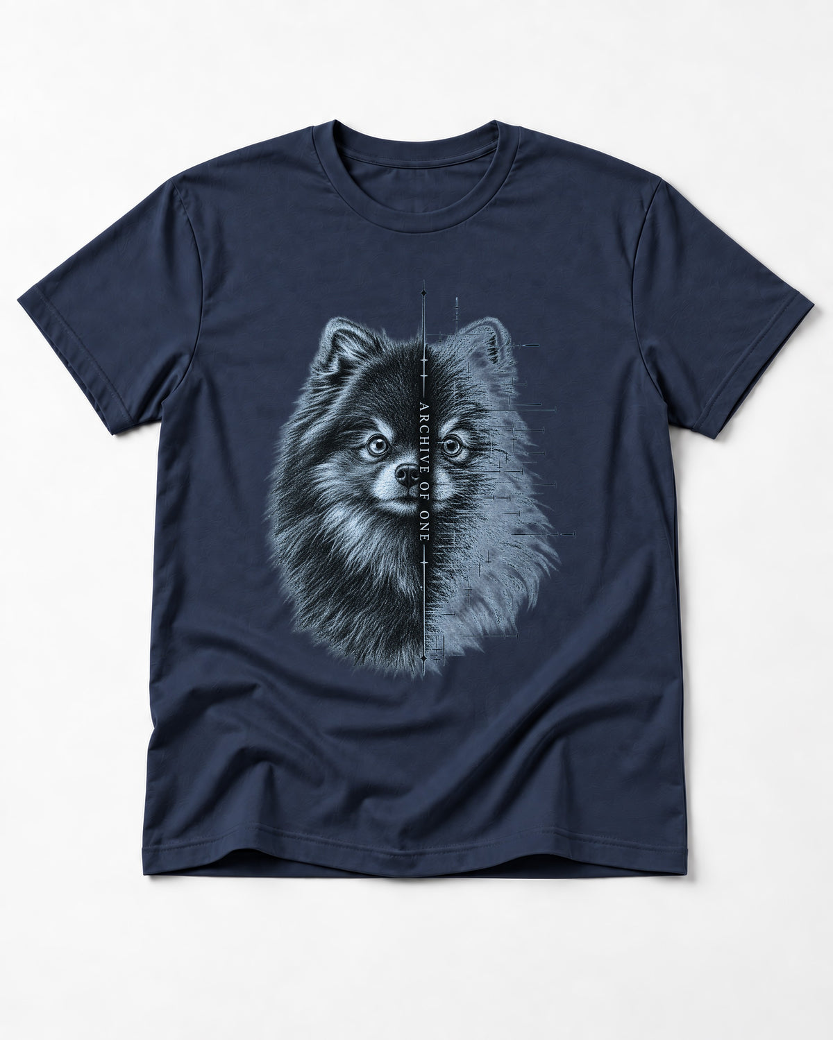 Pomeranian Archive of One Split Portrait Graphic T-Shirt in Navy, flat lay product photo