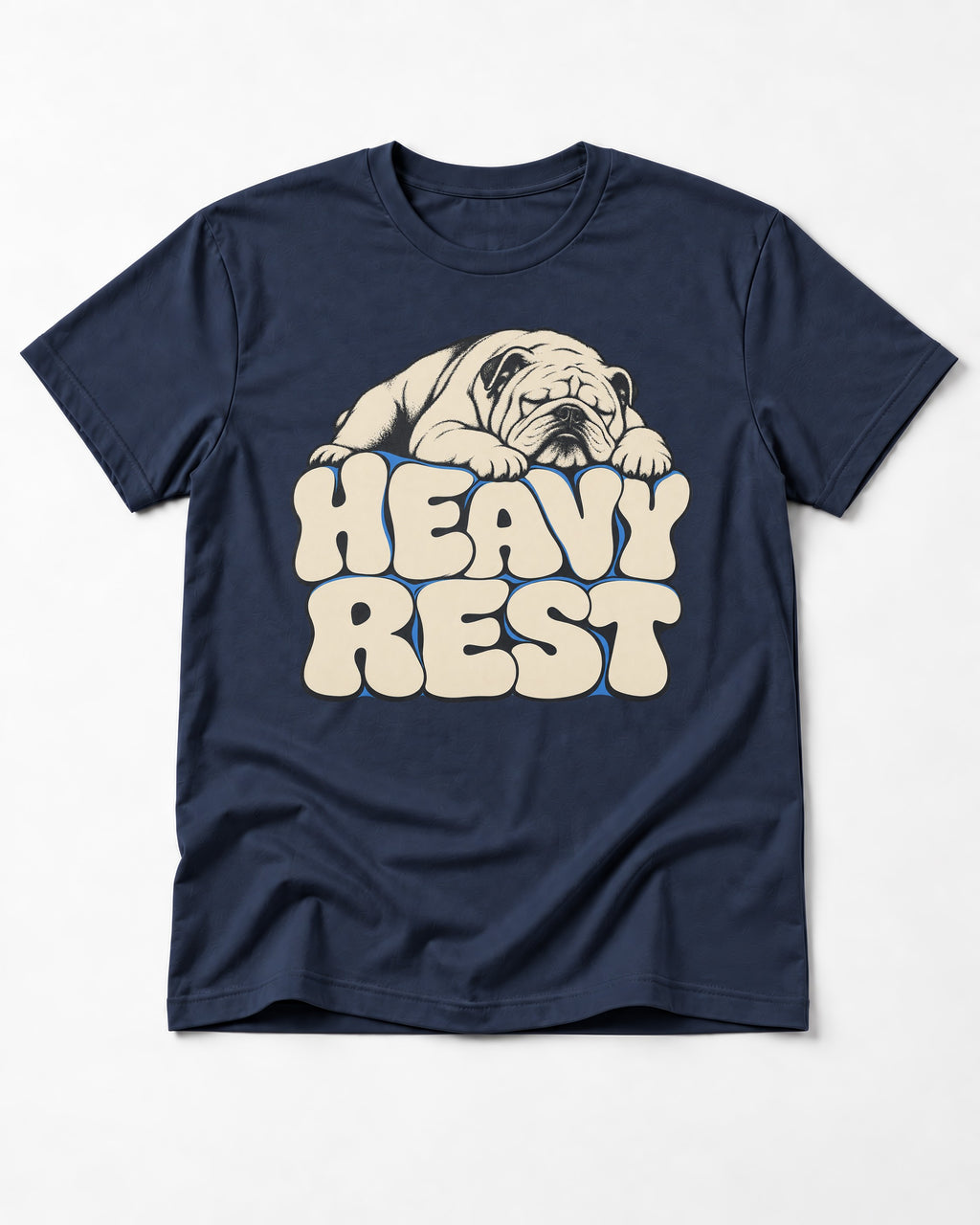 English Bulldog Heavy Rest Graphic T-Shirt in Navy, flat lay product photo