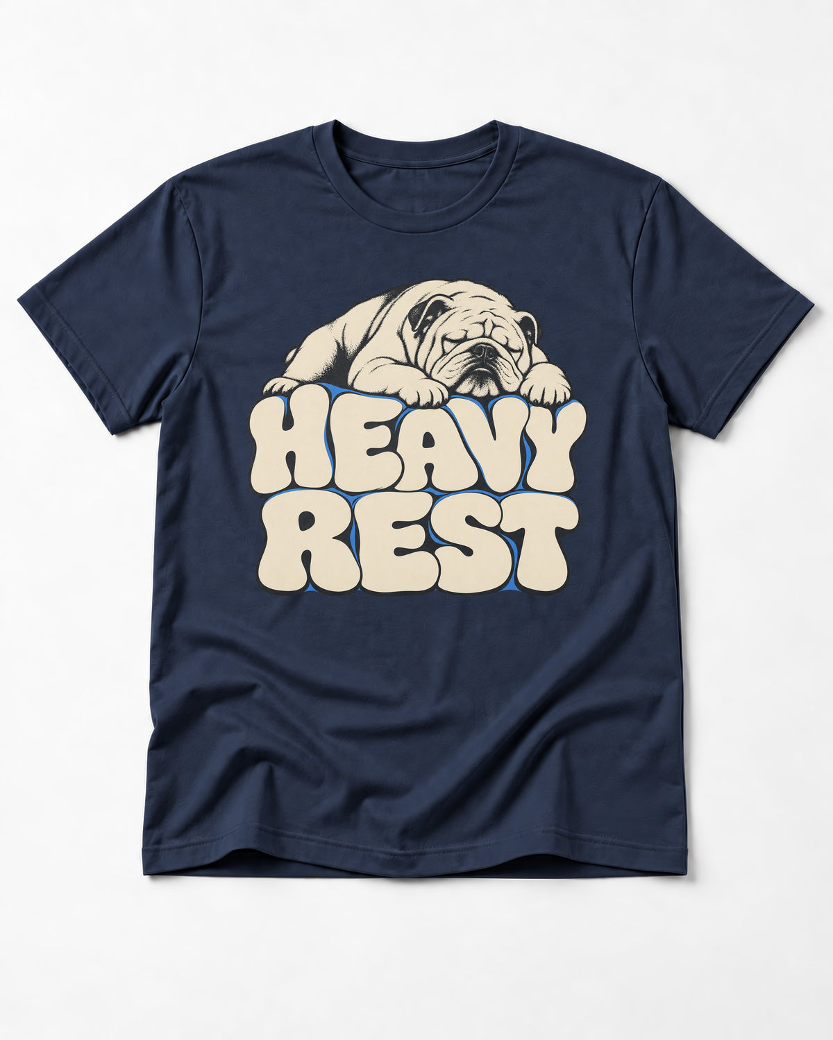 English Bulldog Heavy Rest Graphic T-Shirt in Navy, flat lay product photo