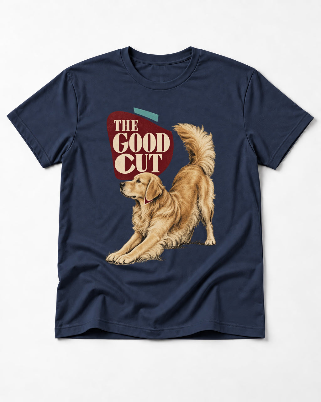 Golden Retriever The Good Cut Play Bow Graphic T-Shirt in Navy, flat lay product photo