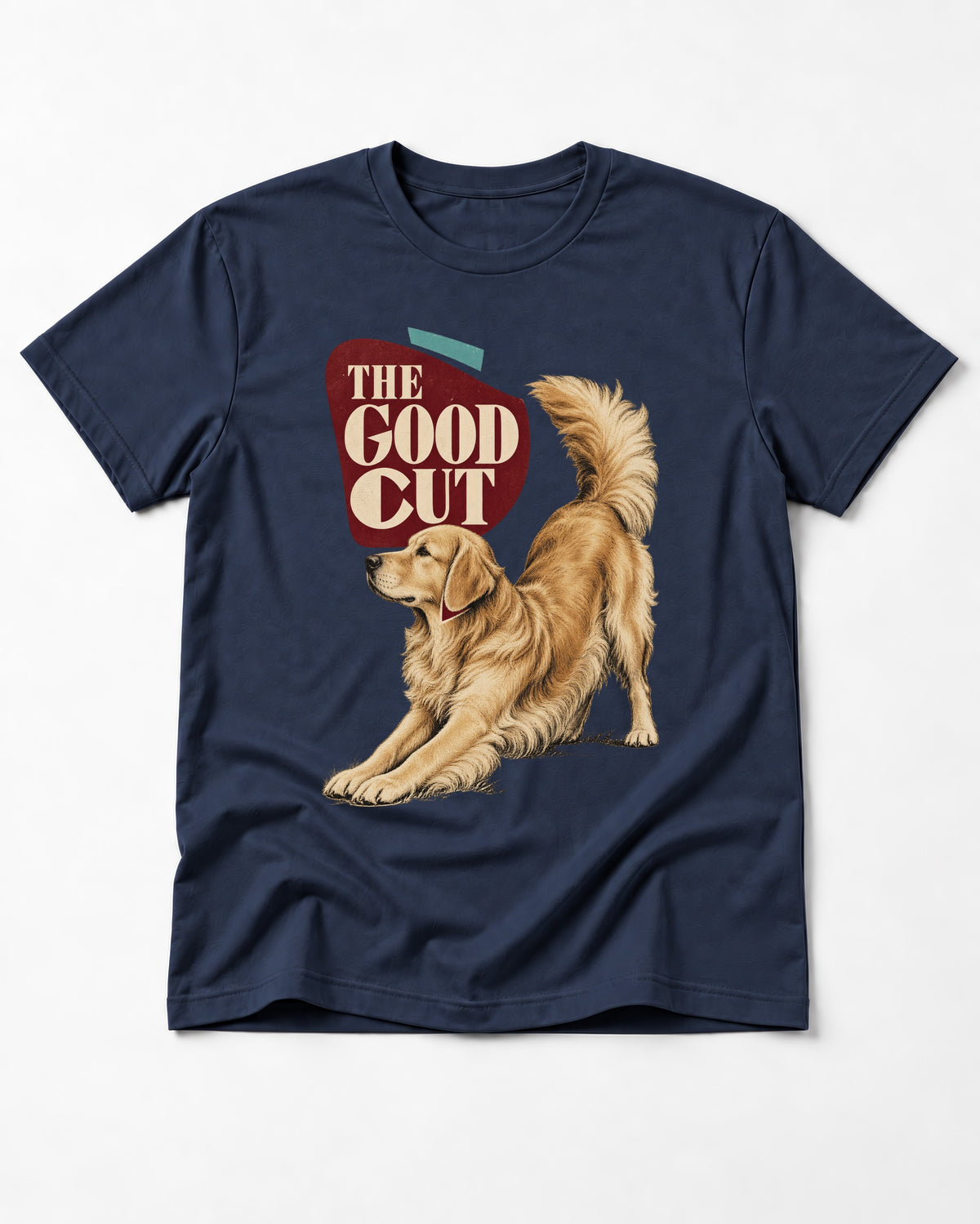 Golden Retriever The Good Cut Play Bow Graphic T-Shirt in Navy, flat lay product photo