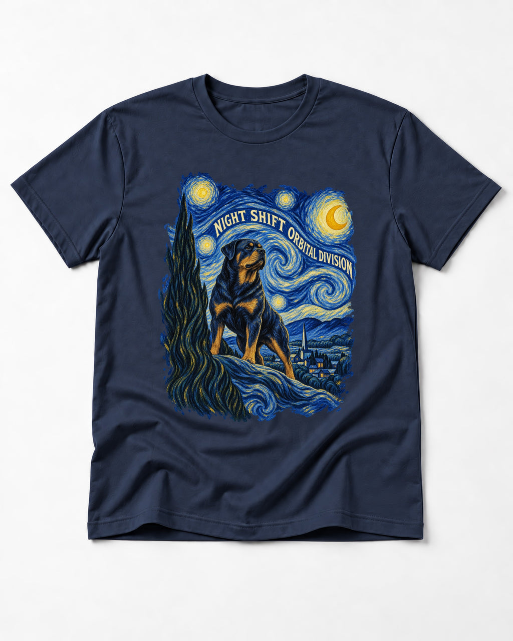 Rottweiler Night Shift Orbital Division Starry Night Graphic T-Shirt in Navy, flat lay product photo