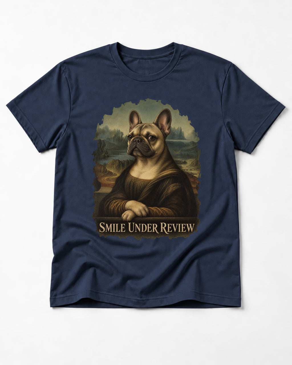 Frenchie Smile Under Review Renaissance Portrait T-Shirt in Navy, flat lay product photo