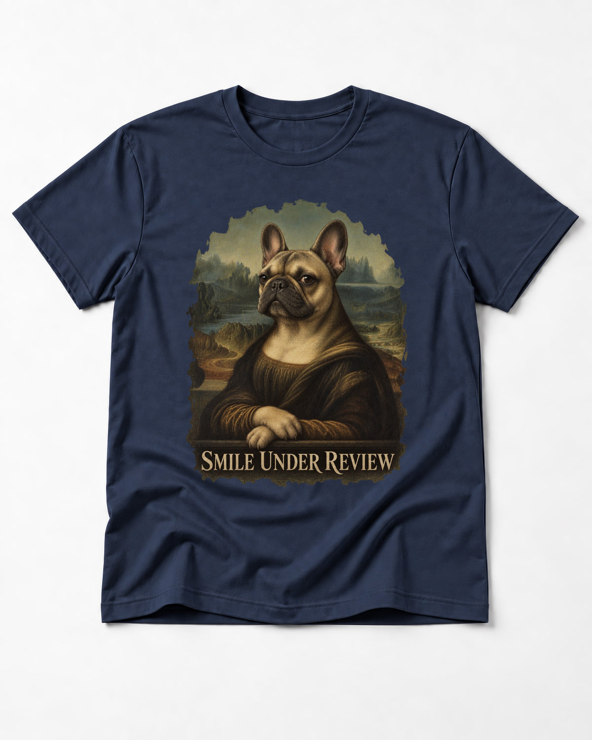 Frenchie Smile Under Review Renaissance Portrait T-Shirt in Navy, flat lay product photo