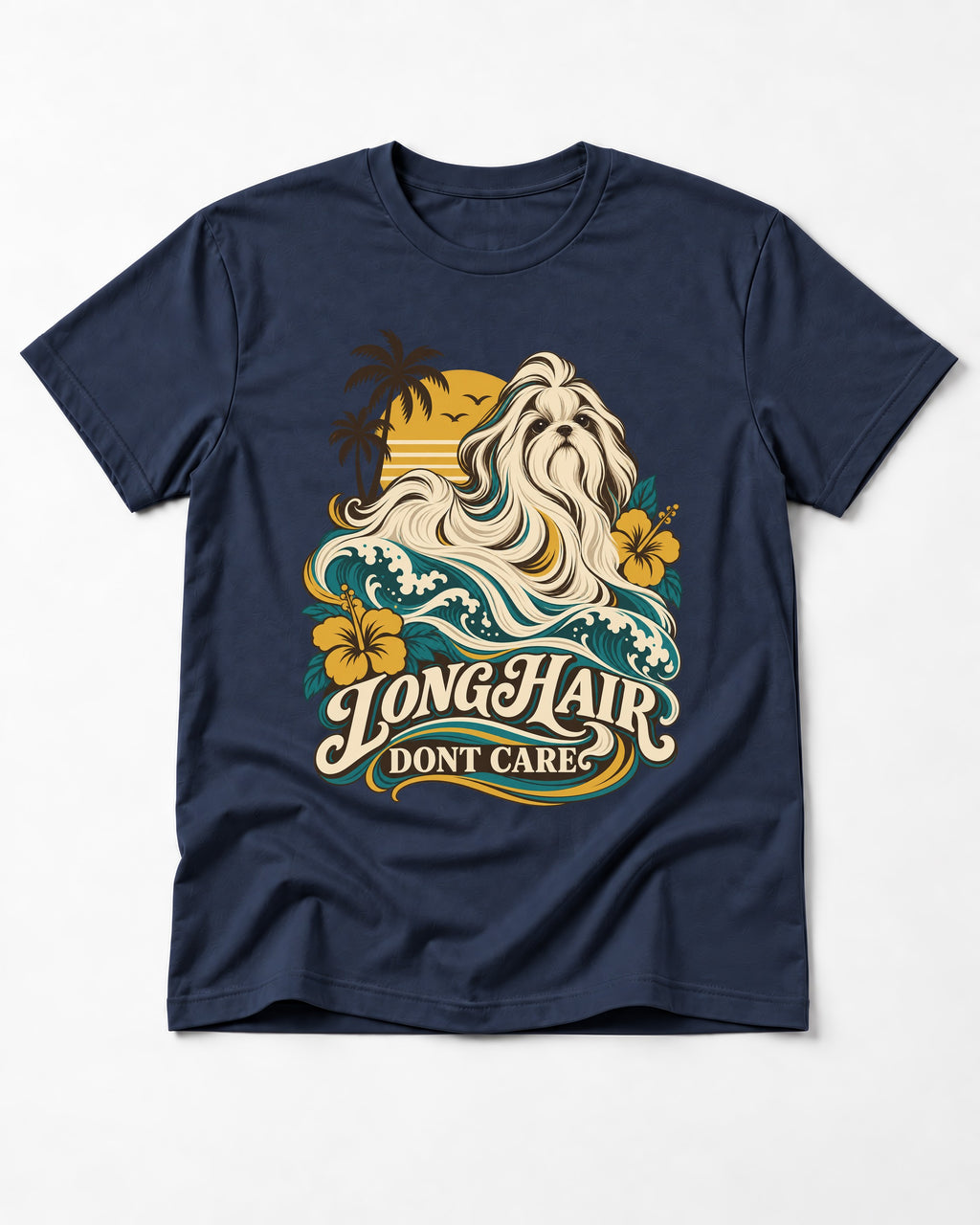 Shih Tzu Long Hair Don't Care Tropical Wave Graphic T-Shirt in Navy, flat lay product photo
