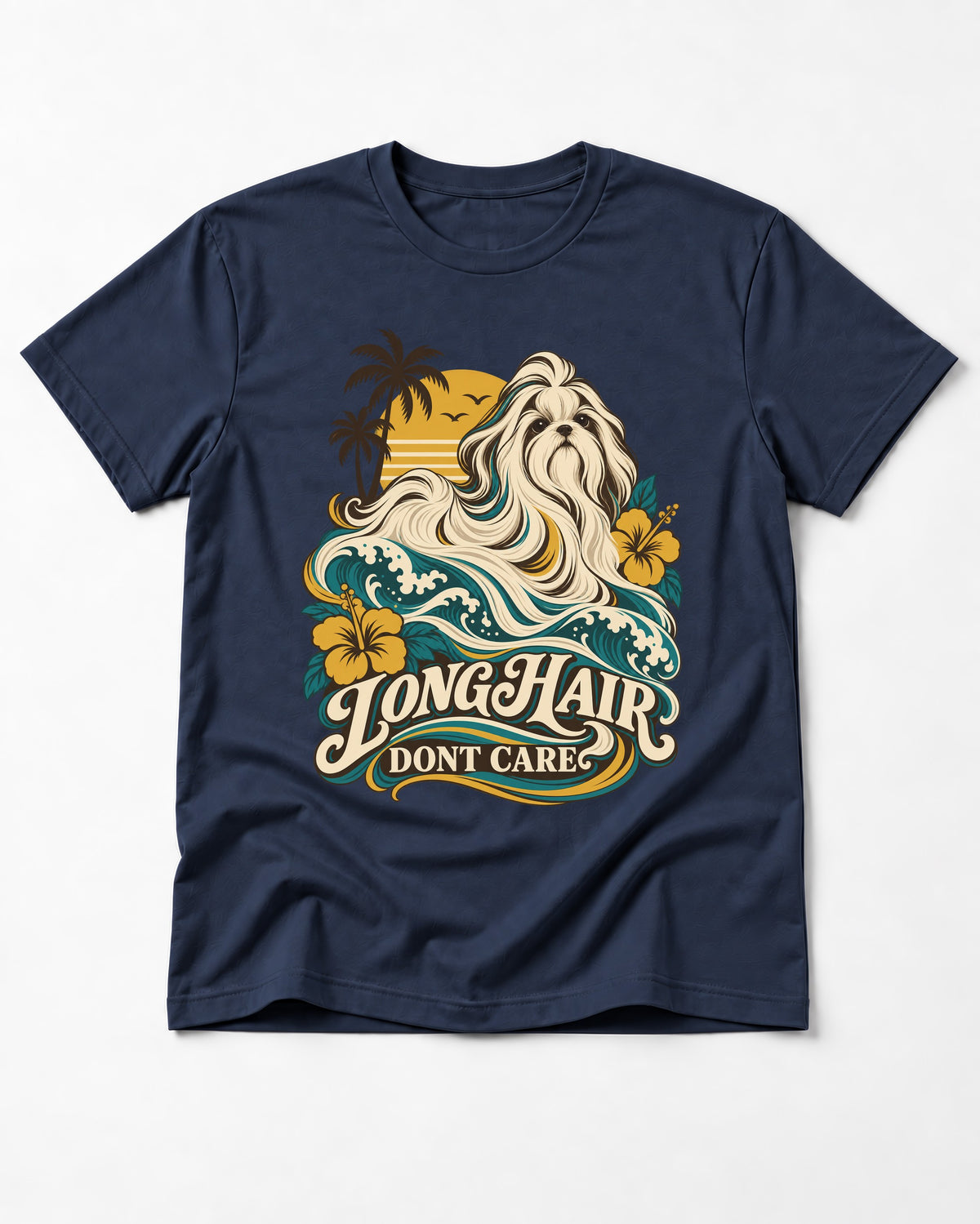 Shih Tzu Long Hair Don't Care Tropical Wave Graphic T-Shirt in Navy, flat lay product photo