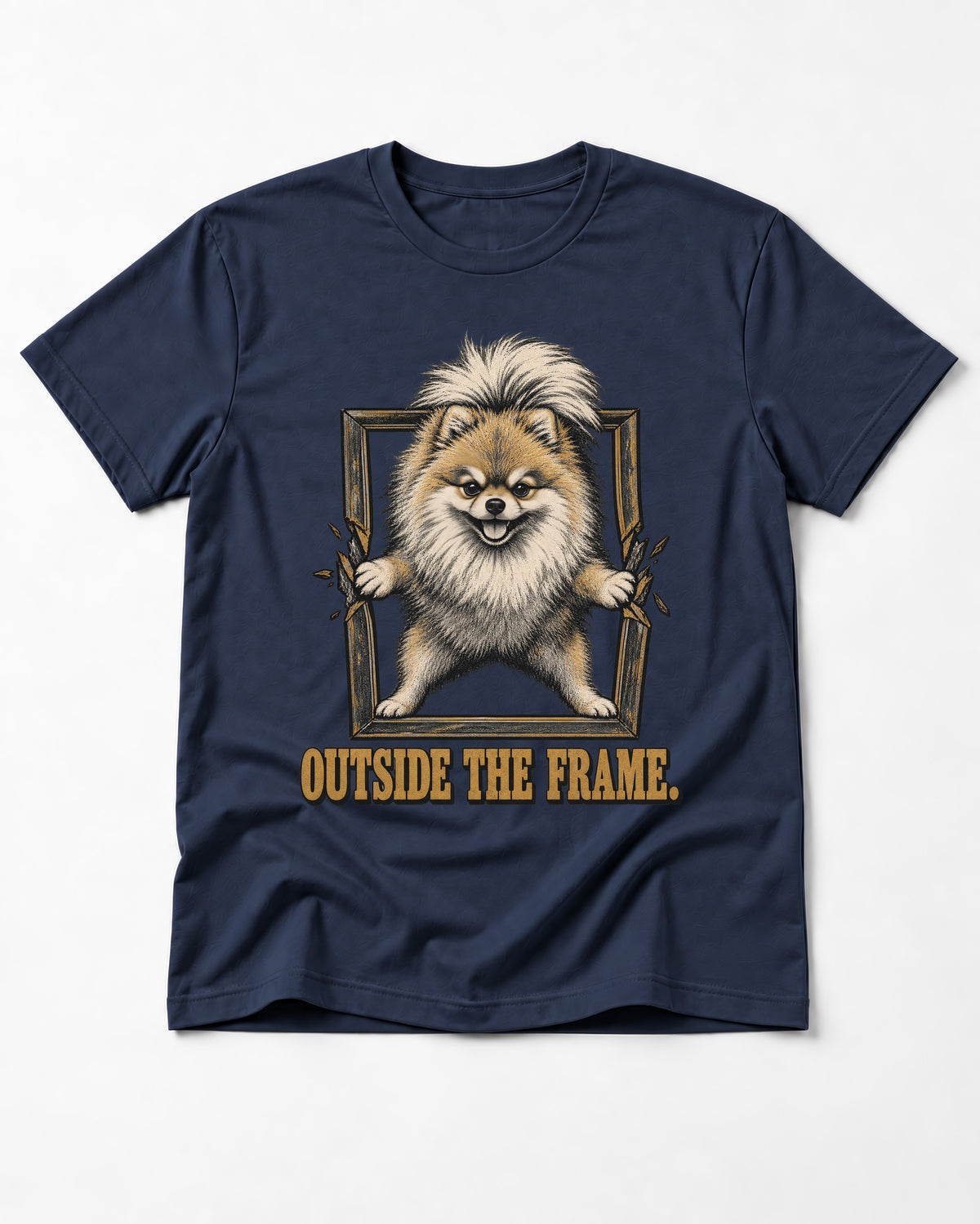Pomeranian Outside the Frame Breakthrough Graphic T-Shirt in Navy, flat lay product photo