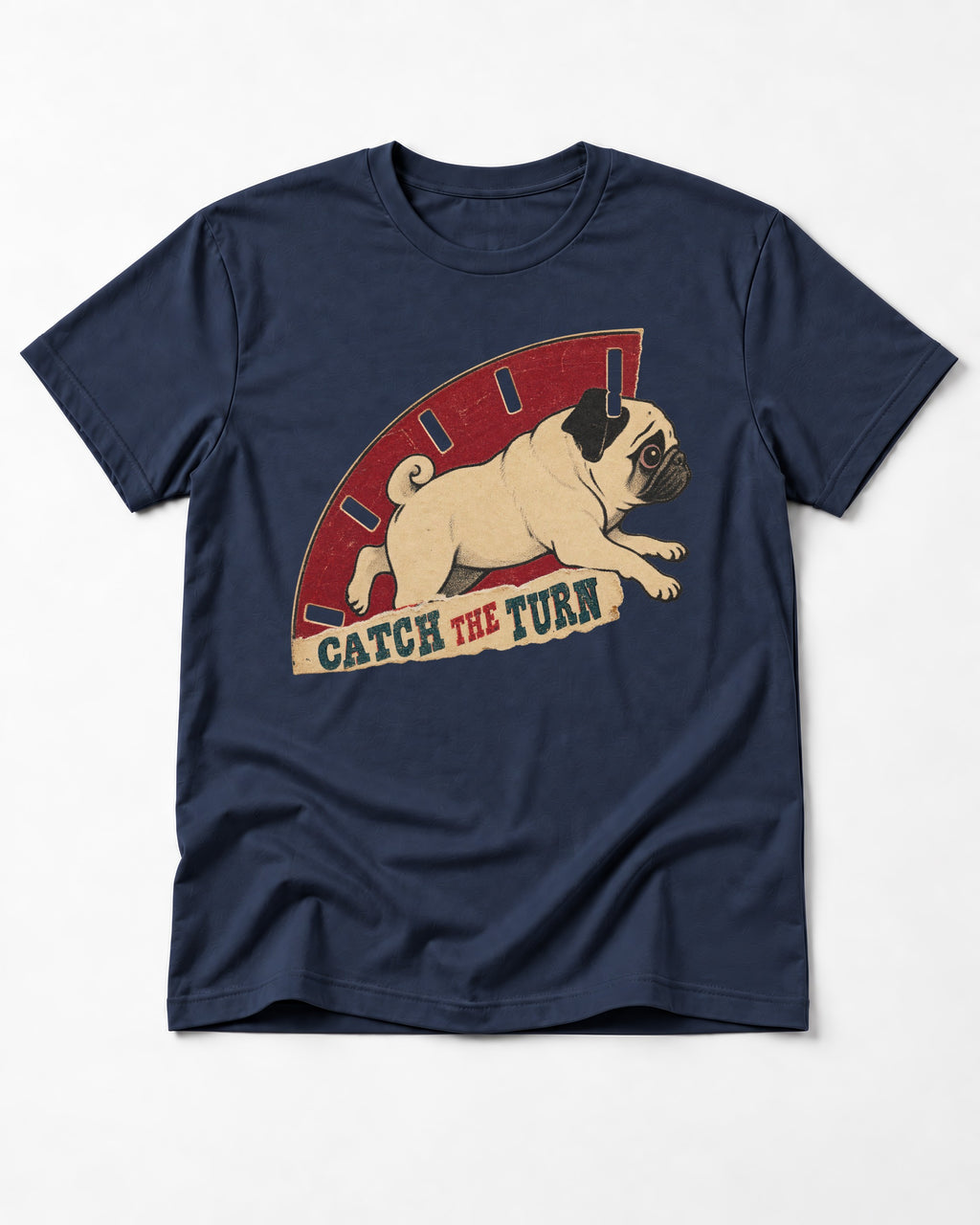 Pug Catch the Turn Track Graphic T-Shirt in Navy, flat lay product photo