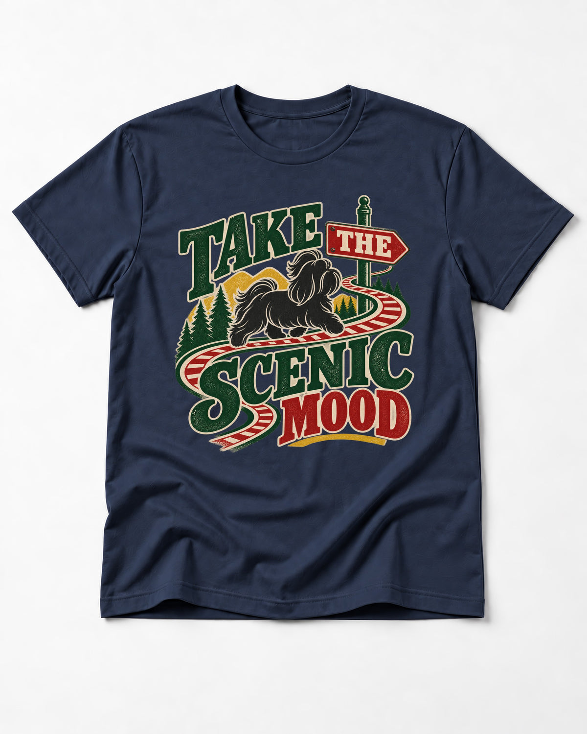 Shih Tzu Take the Scenic Mood Road Sign Graphic T-Shirt in Navy, flat lay product photo