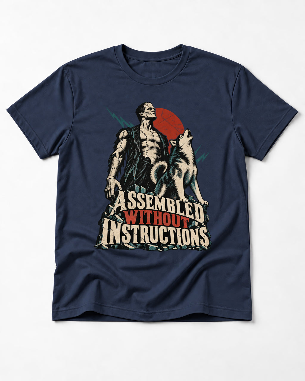 Husky Assembled Without Instructions Frankenstein Graphic T-Shirt in Navy, flat lay product photo