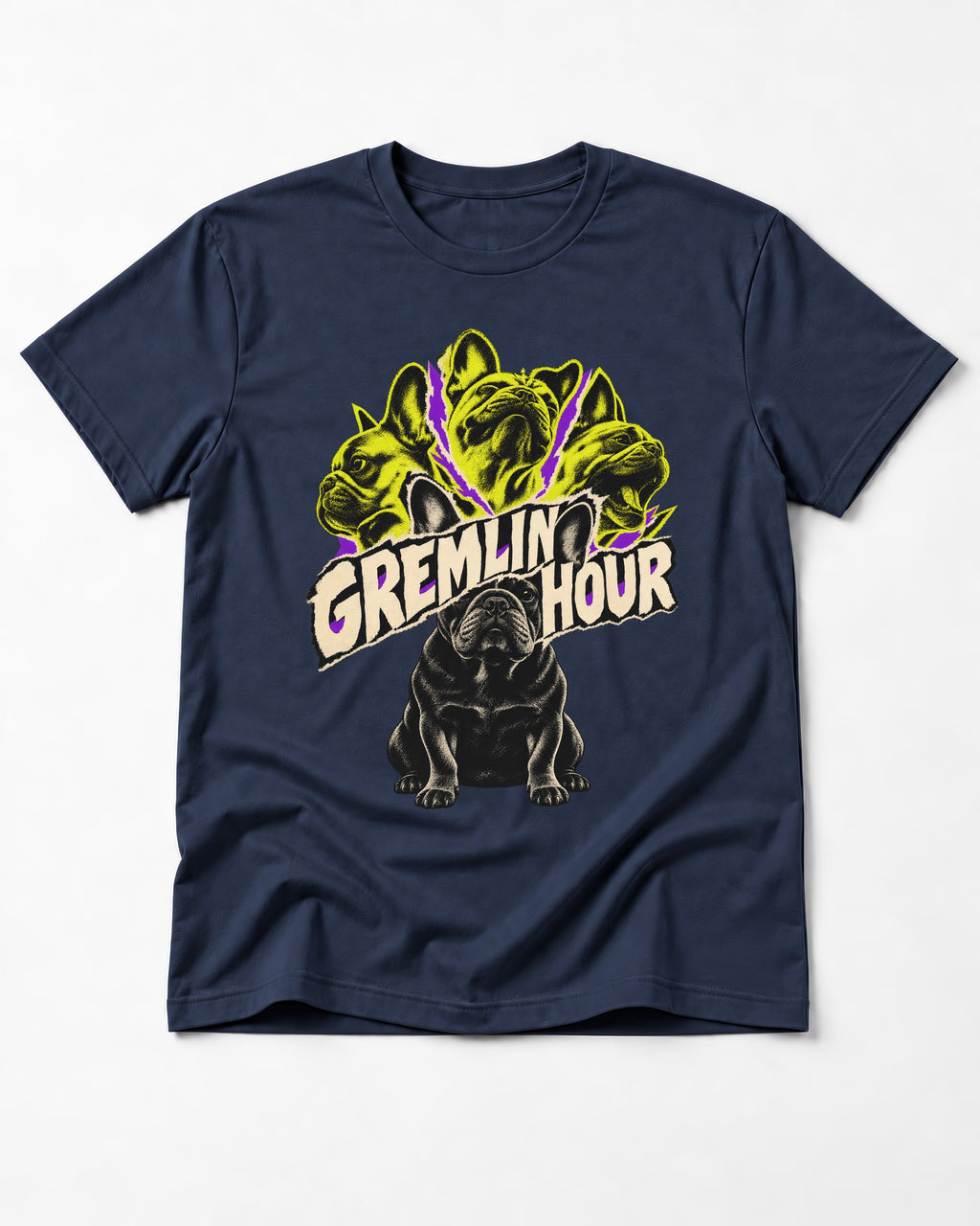 Frenchie Gremlin Hour Multi Portrait Graphic T-Shirt in Navy, flat lay product photo
