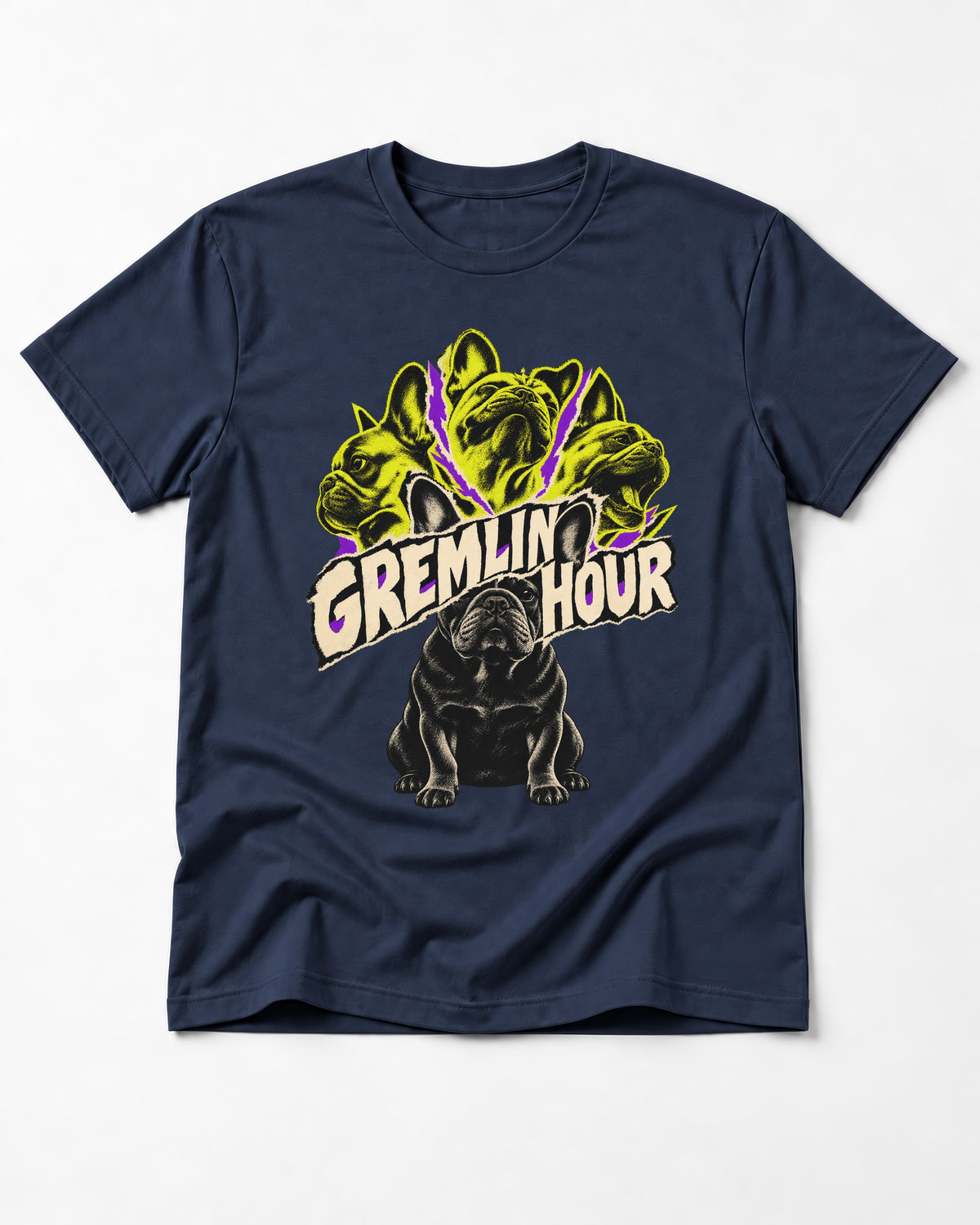 Frenchie Gremlin Hour Multi Portrait Graphic T-Shirt in Navy, flat lay product photo