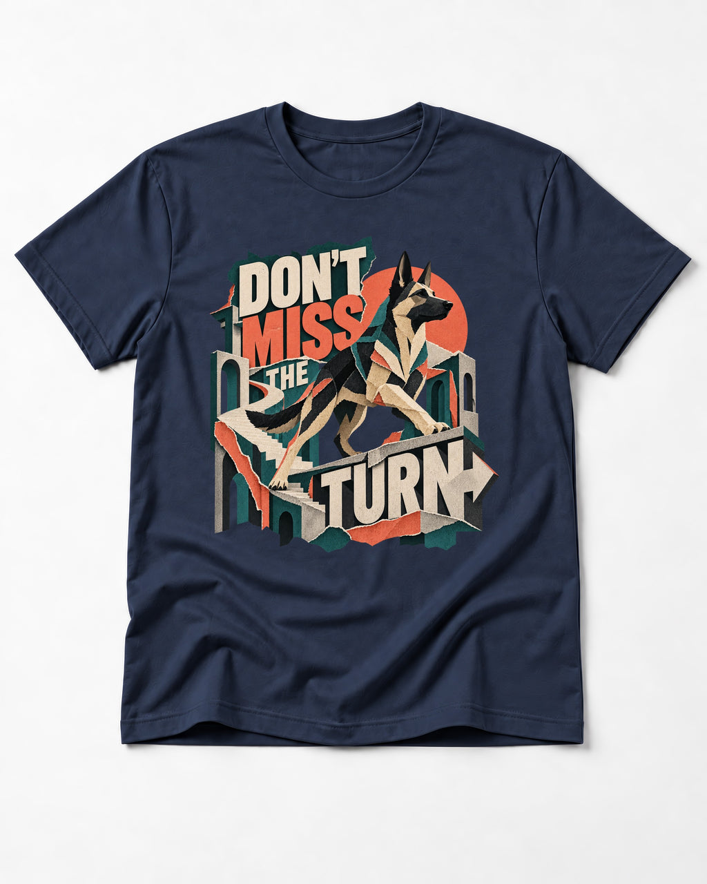 Dont Miss The Turn Escher Staircase German Shepherd Dog Graphic T-Shirt in Navy, flat lay product photo
