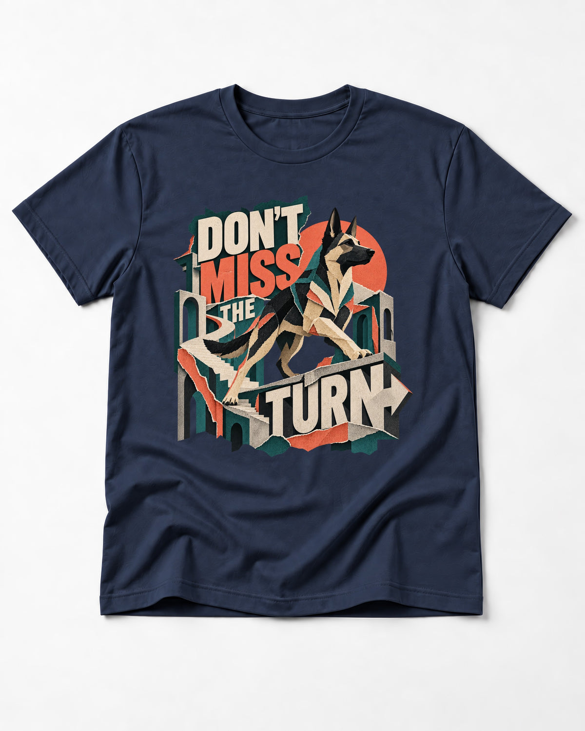 Dont Miss The Turn Escher Staircase German Shepherd Dog Graphic T-Shirt in Navy, flat lay product photo