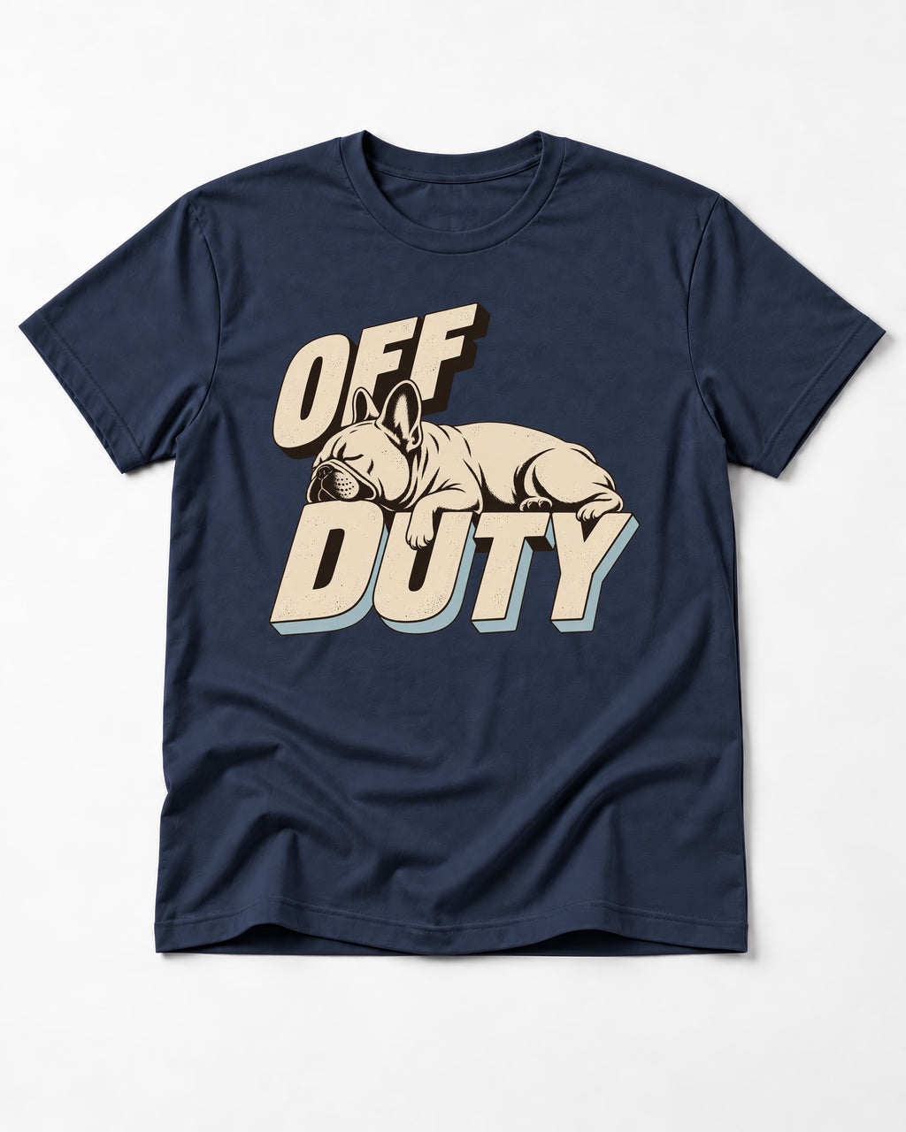 Frenchie Off Duty Sleeping Type Graphic T-Shirt in Navy, flat lay product photo