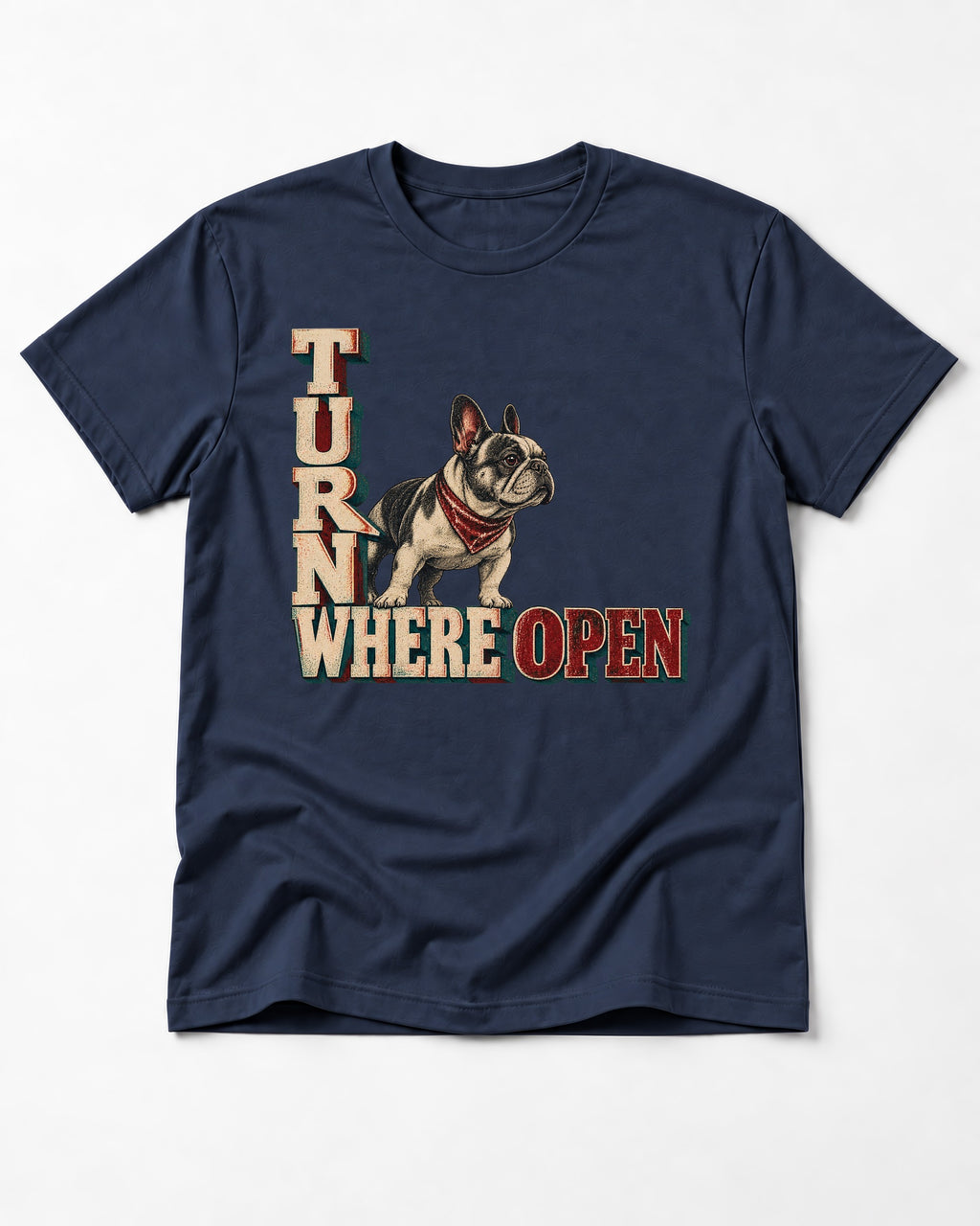Turn Where Open Frenchie T-Shirt in Navy, flat lay product photo