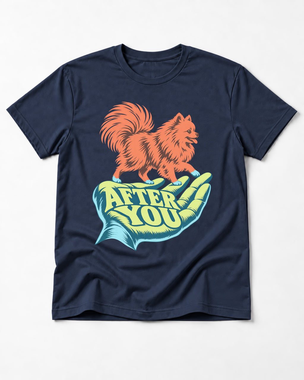 Pomeranian After You Helping Hand Graphic T-Shirt in Navy, flat lay product photo