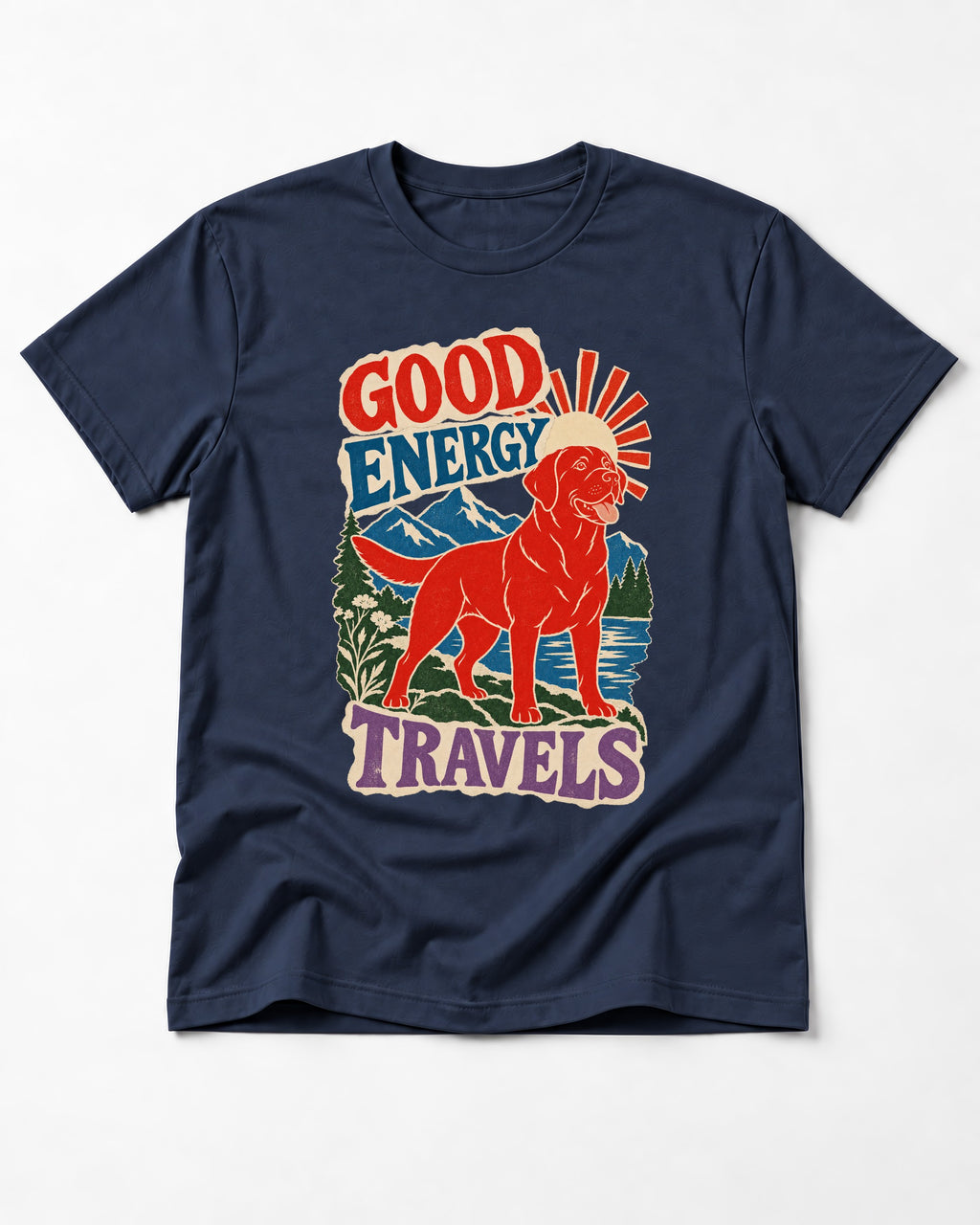 Labrador Retriever Good Energy Travels Adventure Graphic T-Shirt in Navy, flat lay product photo