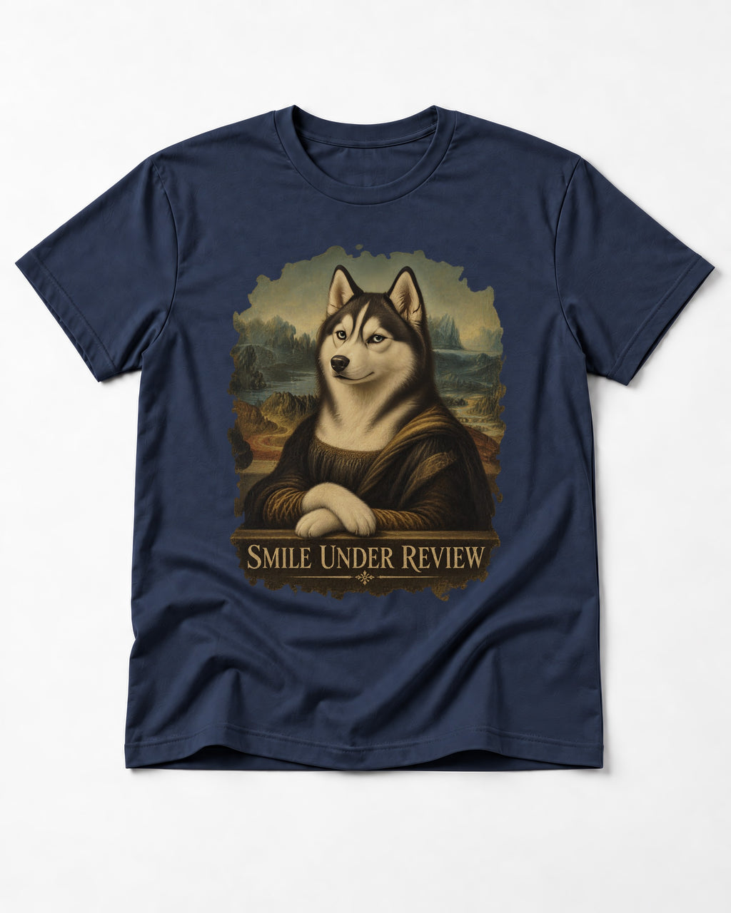 Husky Smile Under Review Renaissance Portrait Graphic T-Shirt in Navy, flat lay product photo
