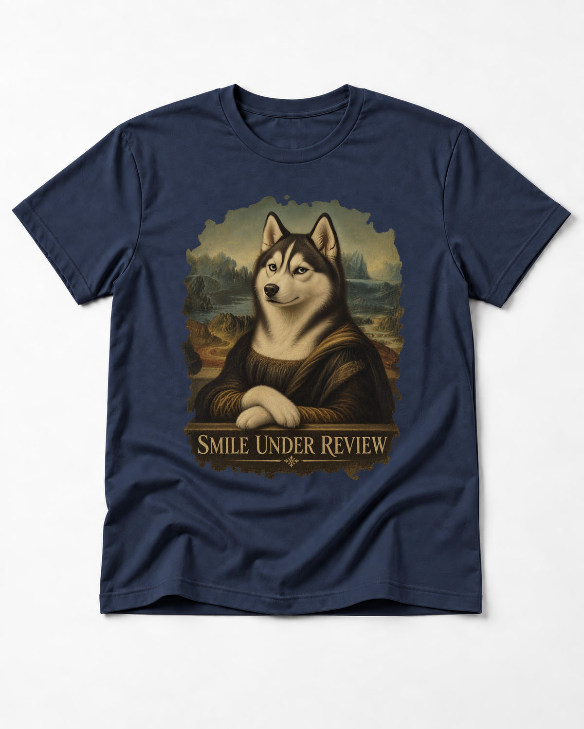 Husky Smile Under Review Renaissance Portrait Graphic T-Shirt in Navy, flat lay product photo