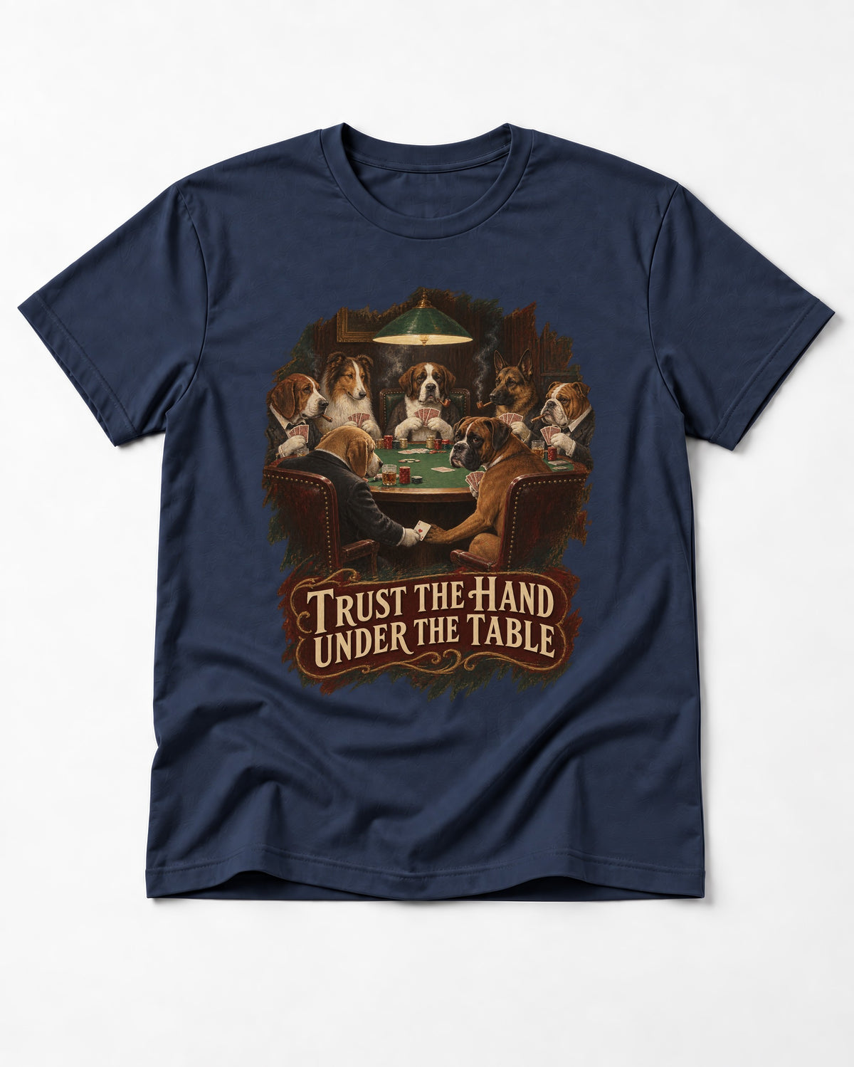 Trust the Hand Under the Table Boxer Poker Graphic T-Shirt in Navy, flat lay product photo