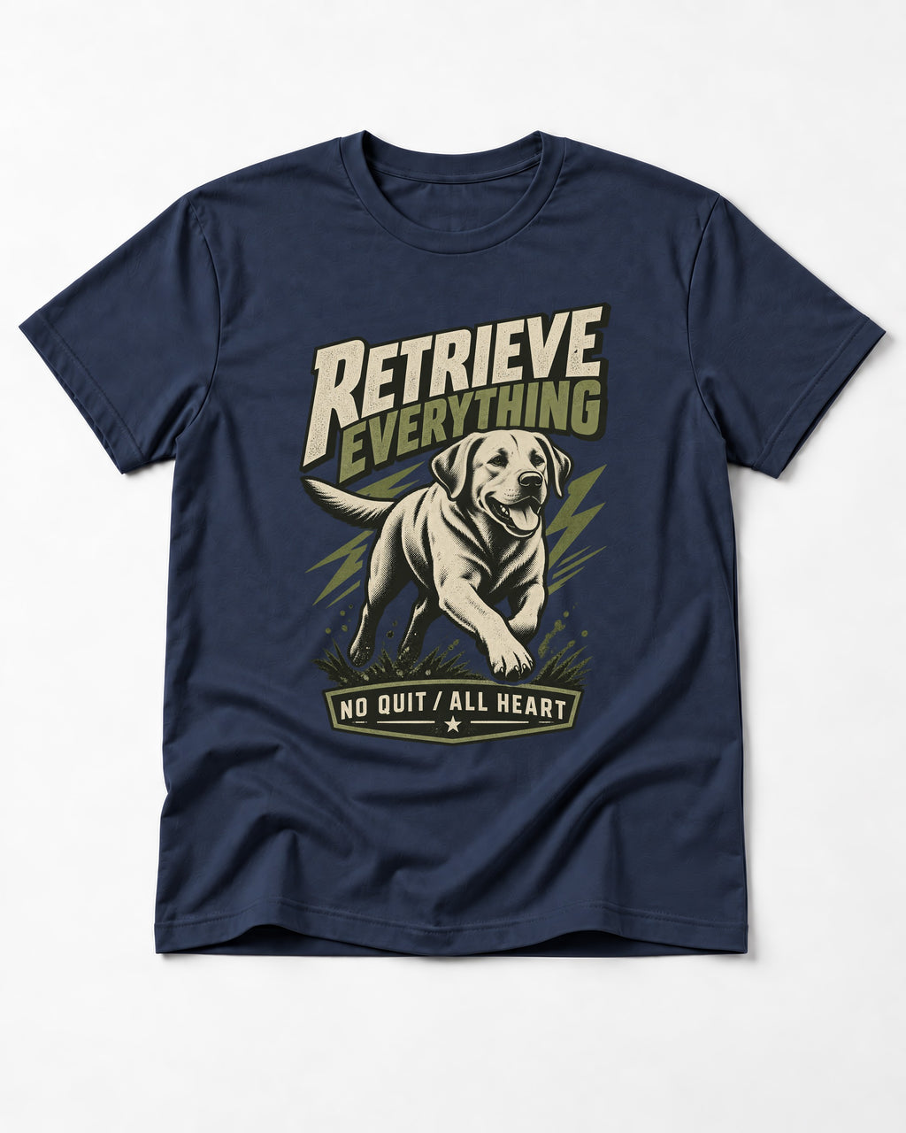 Labrador Retriever Retrieve Everything No Quit All Heart Running Graphic T-Shirt in Navy, flat lay product photo