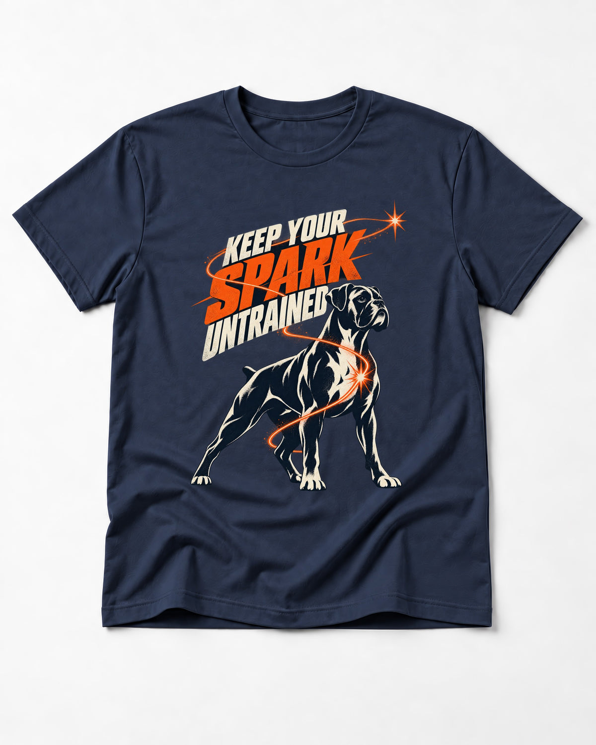 Boxer Keep Your Spark Untrained T-Shirt in Navy, flat lay product photo