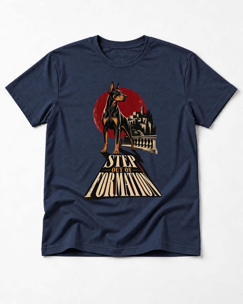 Doberman Step Out of Formation Road Vista Graphic T-Shirt in Navy, flat lay product photo