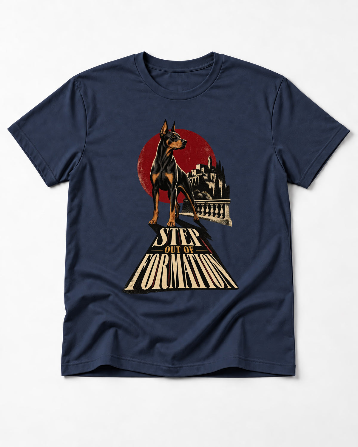 Doberman Step Out of Formation Road Vista Graphic T-Shirt in Navy, flat lay product photo