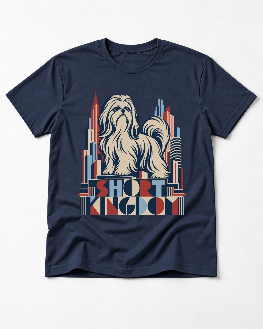 Shih Tzu Short Kingdom Art Deco Skyline Graphic T-Shirt in Navy, flat lay product photo