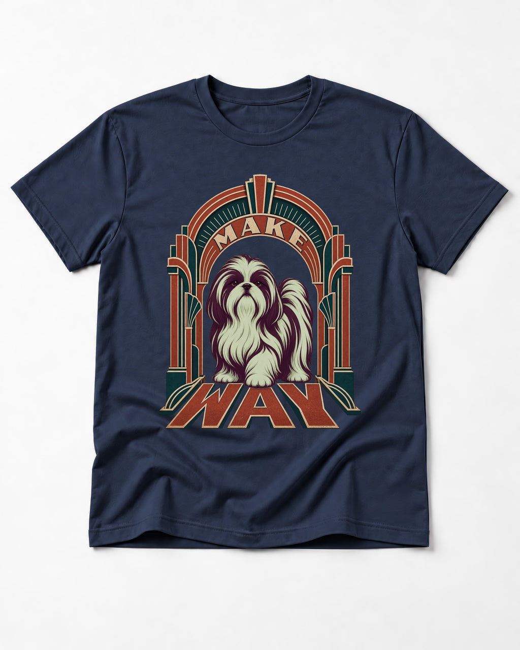 Shih Tzu Make Way Art Deco Arch Portrait T-Shirt in Navy, flat lay product photo