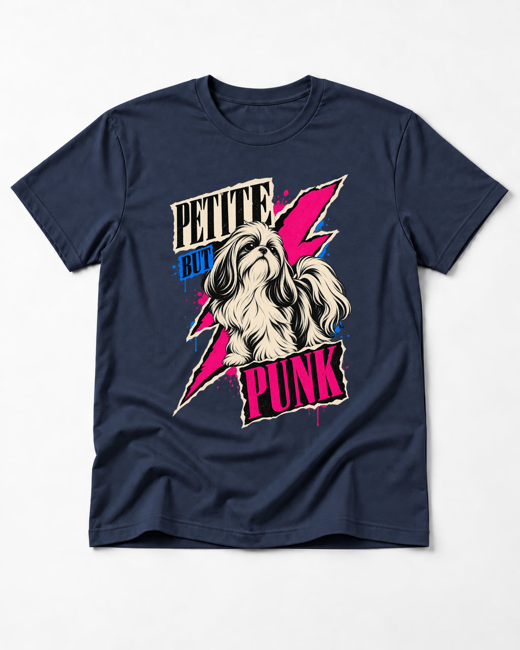 Shih Tzu Petite but Punk Lightning Graphic T-Shirt in Navy, flat lay product photo