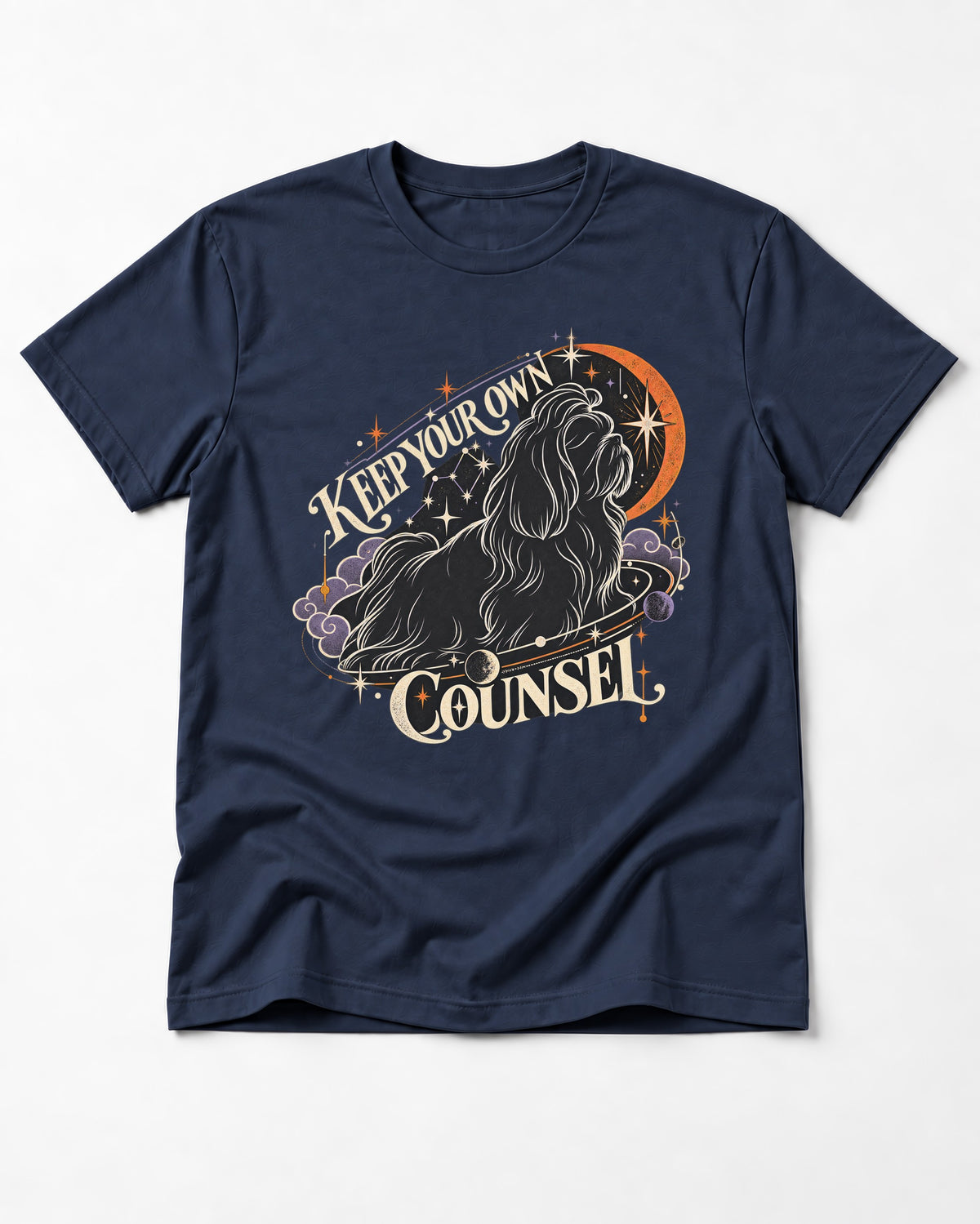 Shih Tzu Keep Your Own Counsel Celestial Graphic T-Shirt in Navy, flat lay product photo