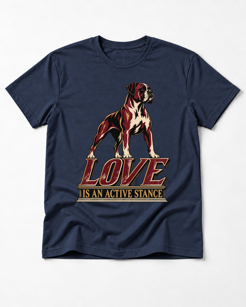 Love Is an Active Stance Boxer Pedestal Graphic T-Shirt in Navy, flat lay product photo