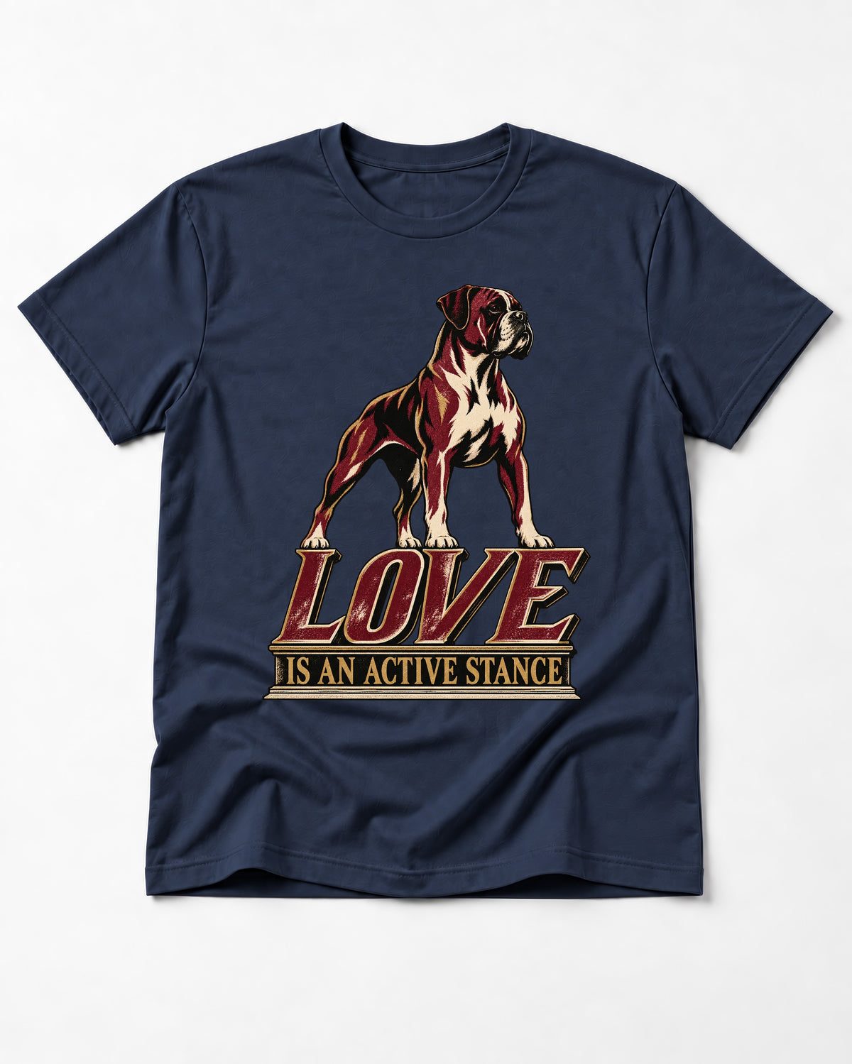 Love Is an Active Stance Boxer Pedestal Graphic T-Shirt in Navy, flat lay product photo