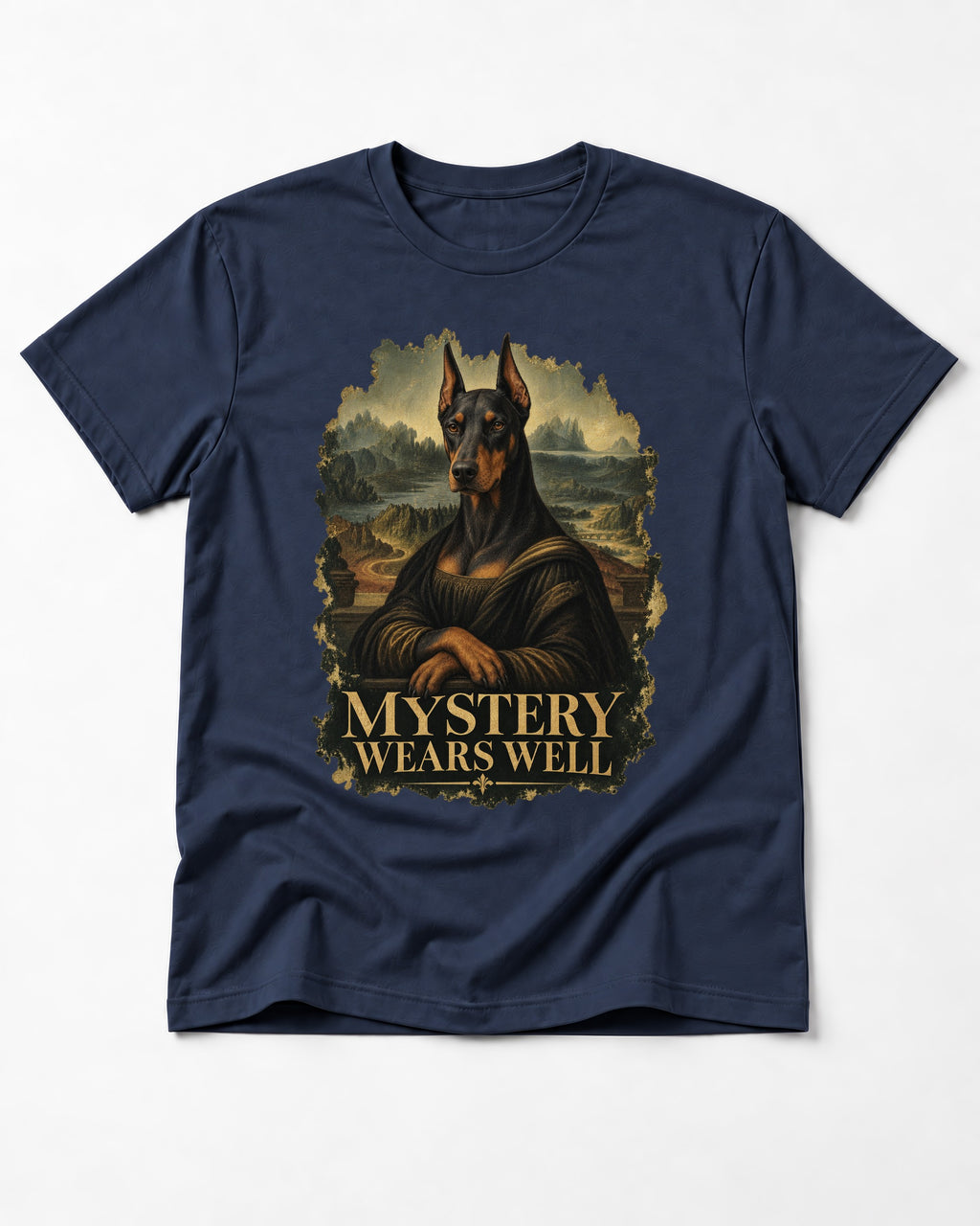 Doberman Mystery Wears Well Renaissance Portrait Graphic T-Shirt in Navy, flat lay product photo
