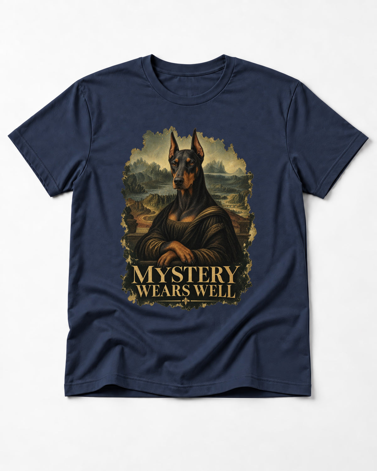 Doberman Mystery Wears Well Renaissance Portrait Graphic T-Shirt in Navy, flat lay product photo