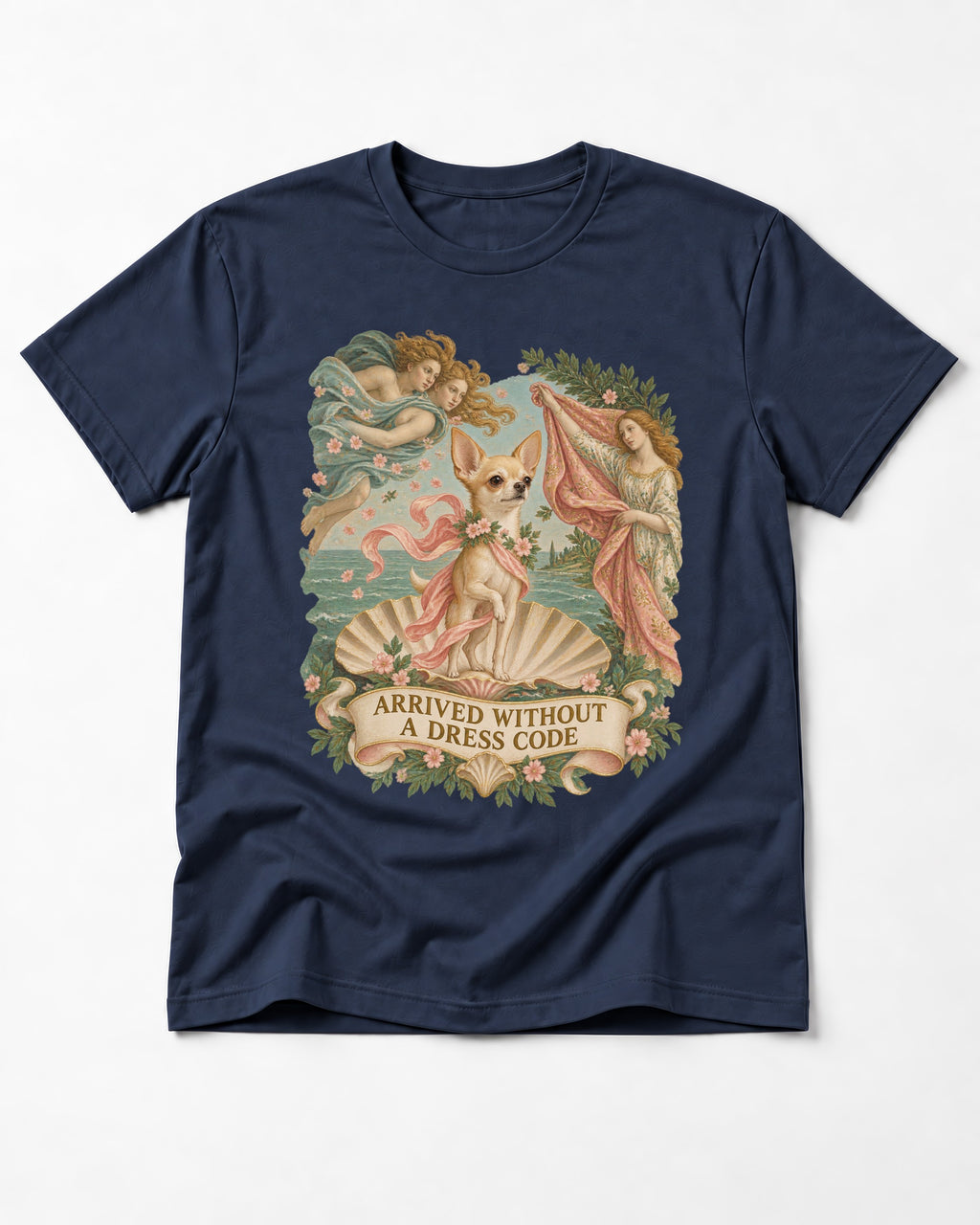 Chihuahua Arrived Without a Dress Code Classical Shell Scene T-Shirt in Navy, flat lay product photo