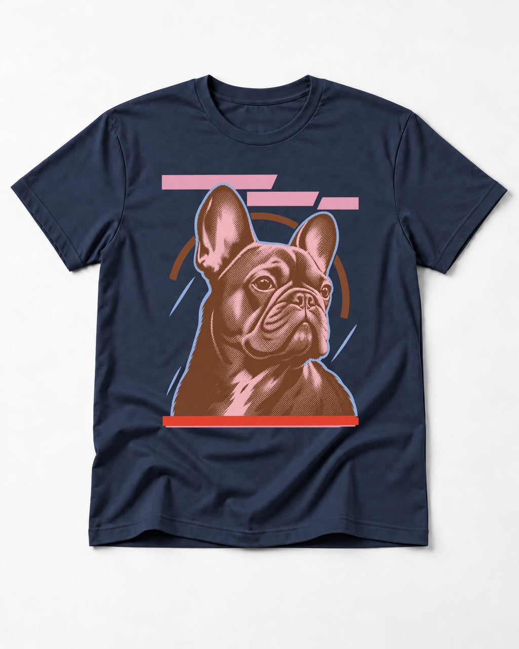Frenchie Geometric Portrait Graphic T-Shirt in Navy, flat lay product photo