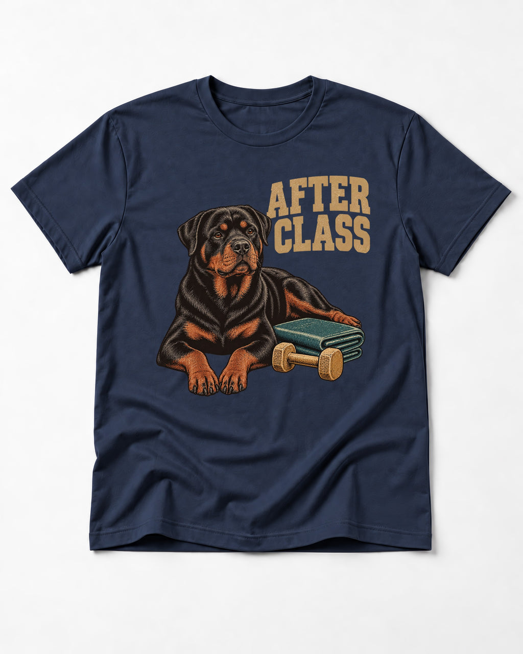 Rottweiler After Class Books and Dumbbell Graphic T-Shirt in Navy, flat lay product photo