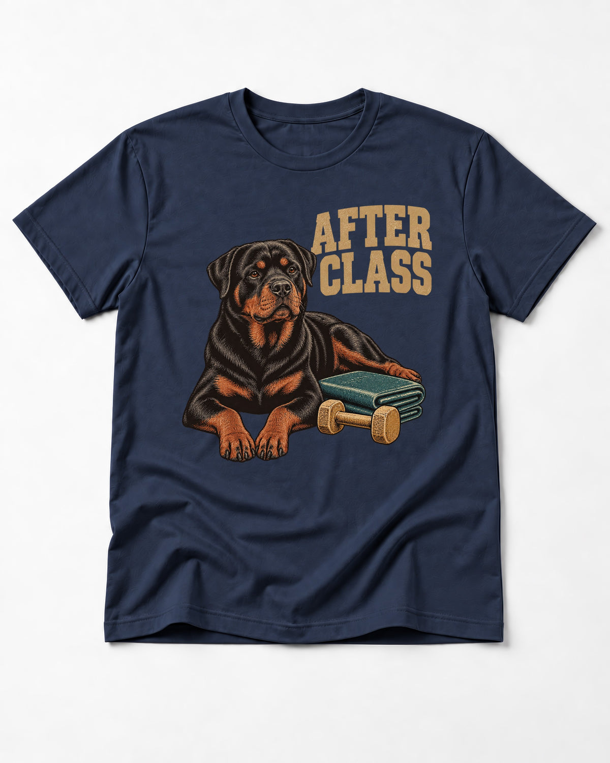 Rottweiler After Class Books and Dumbbell Graphic T-Shirt in Navy, flat lay product photo