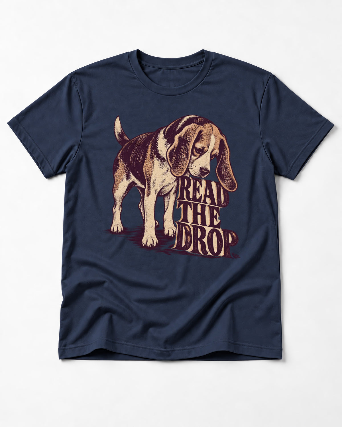 Beagle Read The Drop T-Shirt in Navy, flat lay product photo