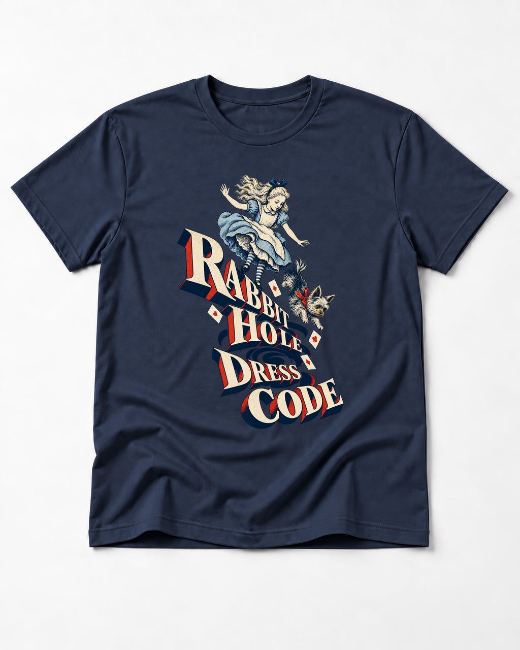 Yorkshire Terrier Rabbit Hole Dress Code Wonderland Graphic T-Shirt in Navy, flat lay product photo