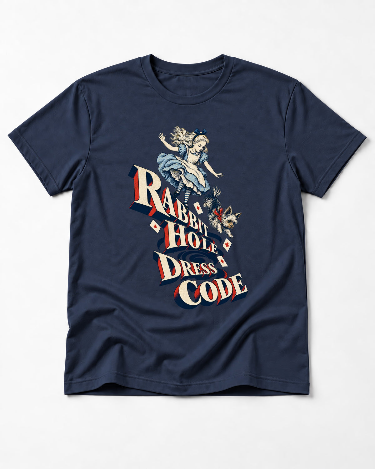 Yorkshire Terrier Rabbit Hole Dress Code Wonderland Graphic T-Shirt in Navy, flat lay product photo