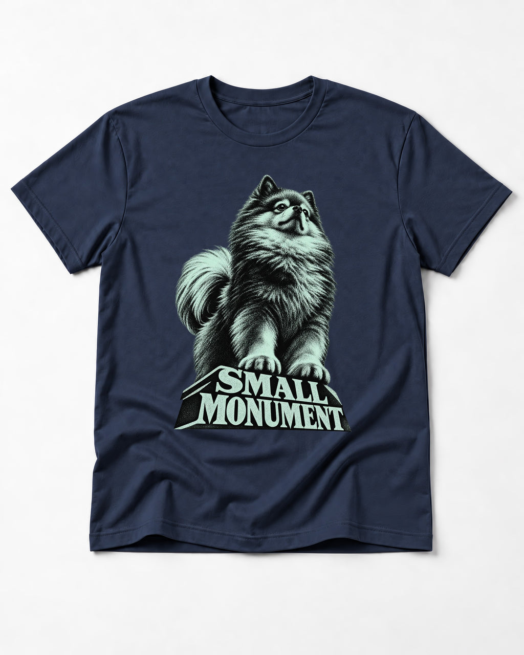 Pomeranian Small Monument Pedestal Graphic T-Shirt in Navy, flat lay product photo
