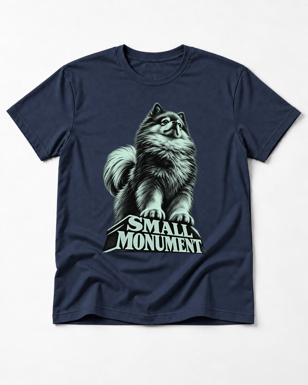 Pomeranian Small Monument Pedestal Graphic T-Shirt in Navy, flat lay product photo