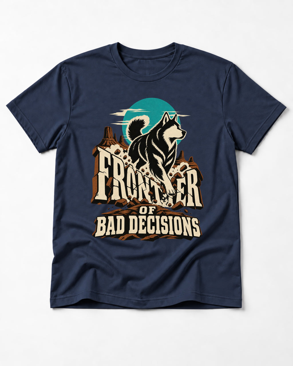 Husky Frontier of Bad Decisions Desert Graphic T-Shirt in Navy, flat lay product photo