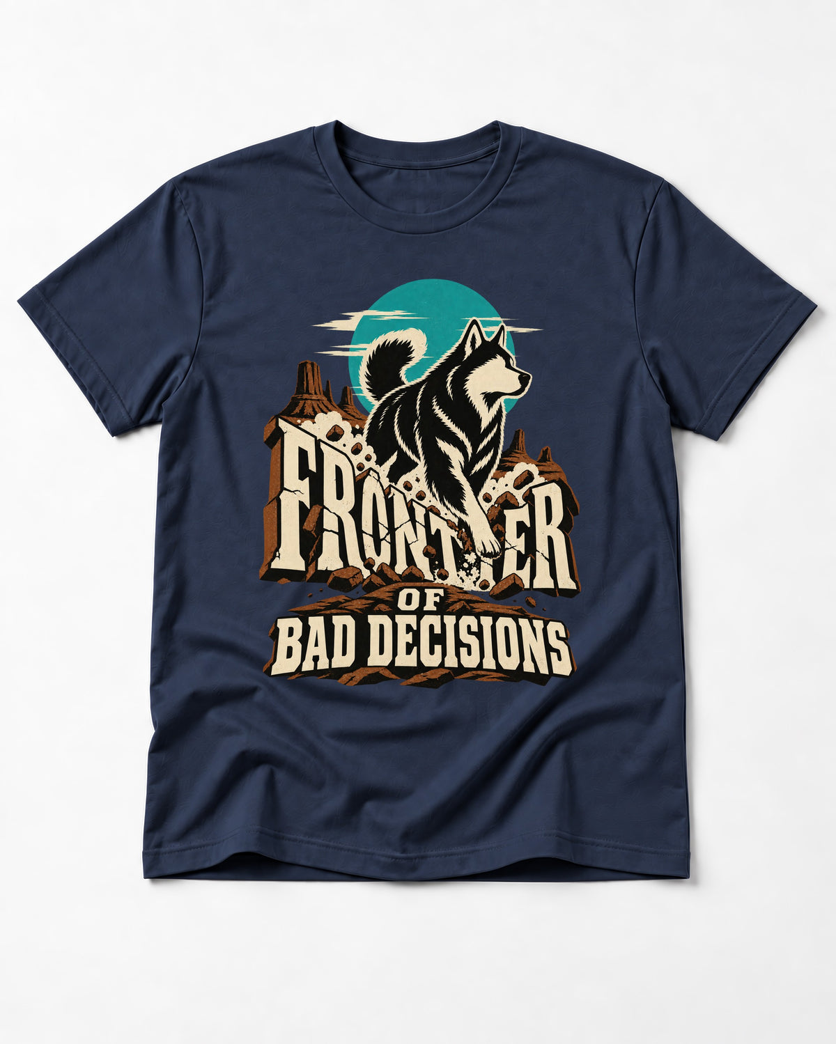 Husky Frontier of Bad Decisions Desert Graphic T-Shirt in Navy, flat lay product photo