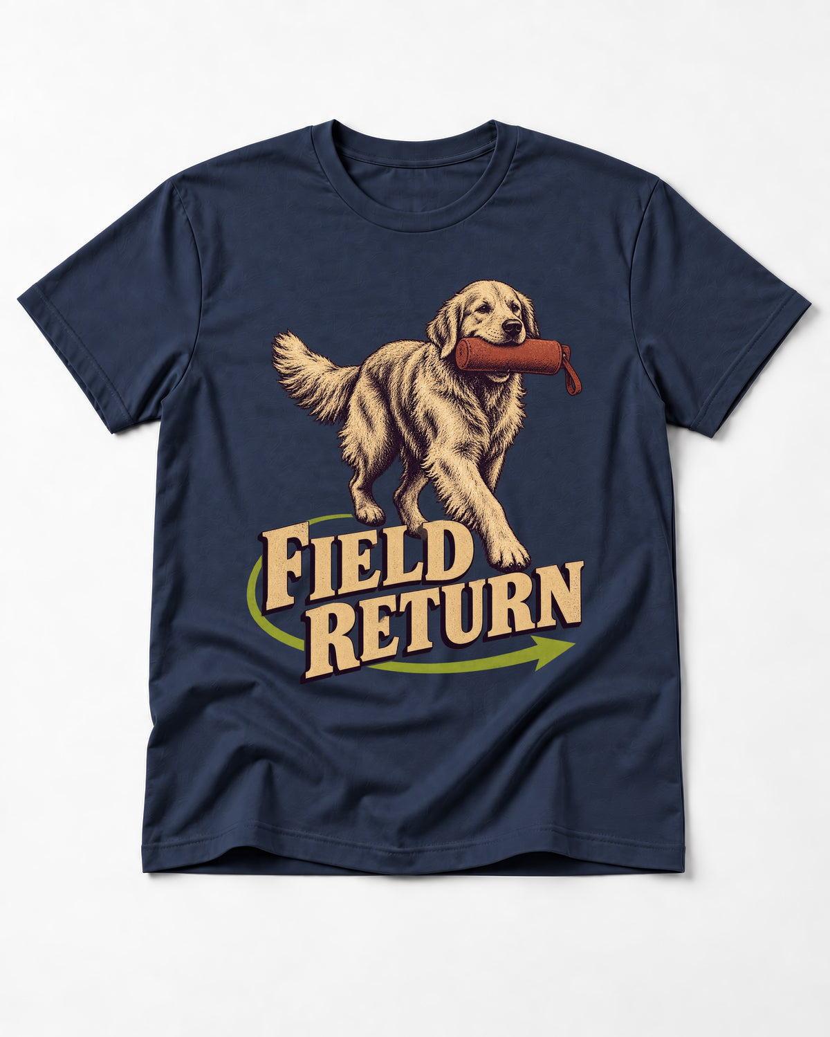 Golden Retriever Field Return Training Dummy Graphic T-Shirt in Navy, flat lay product photo